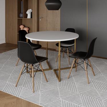 Imagem de Mesa Jantar Industrial Redonda 110Cm Branca Base V Dourada Com 4 Cadeiras Madeira Preta Cor: Branco