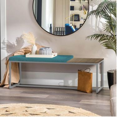 Imagem de Banco Recamier Puff 195cm Industrial Prata Suede Azul Turquesa Tampo Quadrado Mdf Rústico