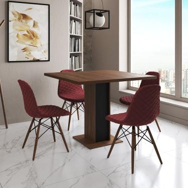 Imagem de Mesa Jantar Londres Quadrada Amêndoa 90M Base Preta 4 Cadeiras Eames Estofadas Vermelho Madeira