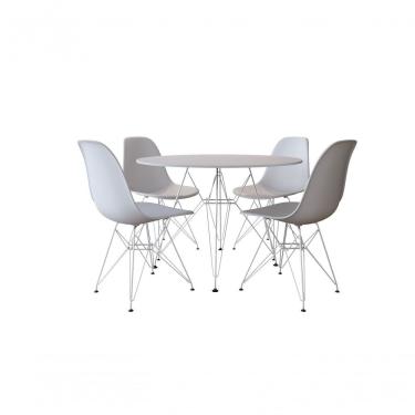 Imagem de Conjunto Mesa Jantar Eames Eiffel Redonda Branca 90Cm Com 4 Cadeiras Brancas Base Ferro Branco