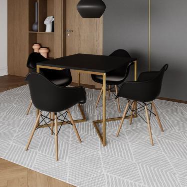 Imagem de Mesa Jantar Industrial Quadrada 90Cm Preta Base V Dourada Com 4 Poltronas Daw Madeira P...