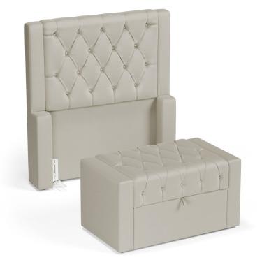 Imagem de Cabeceira E Calçadeira Báu Solteiro Atena 90cm Capitonê Sintético Bege - Desk Design