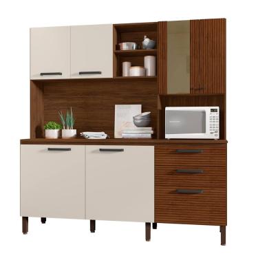 Imagem de Armário De Cozinha Kit 7 Portas Com Tampo Mega Kits Paraná Nogueira Off White Ripado