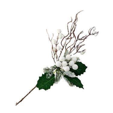Imagem de Galho Decorativo Bolinhas Brancas Com Folhas Verdes 33cm