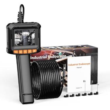 Imagem de Câmera de endoscópio de lente dupla com luz – Câmeras de inspeção de tela LCD de 2,4 polegadas, boroscópio IP67 à prova d'água, câmera endoscópio HD 1080p, cabo semirrígido de 5 metros para esgoto