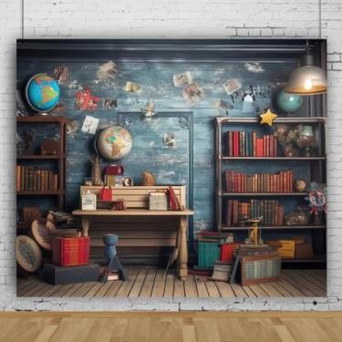 Imagem de ZJRBJB Estante retrô de 3 x 2,4 m, pano de fundo para fotografia de livros antigos, globo antigo, vintage, decoração de parede, estudantes, adultos, arte, ensino, TV, vídeo, adereço de volta às aulas