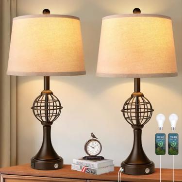 Imagem de SRJJRS Conjunto De 2 Abajures Mesa 26,5" Para Sala Estar, Cabeceira Estilo Fazenda Com Ar-Condicionado Usb, Abajur Rústico Mesas Canto Quarto