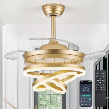 Imagem de Oiotwo Ventiladores De Teto Retráteis 42" Com Luzes, Ventilador Controle Remoto/Aplicativo, Fandelier Moderno 6 Velocidades, Led Regulável, Lustre 3 Lâminas Para Quarto, Sala Estar E Jantar, Dourado