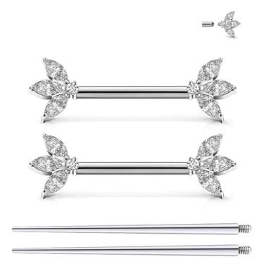 Imagem de Ruifan Piercing de mamilo de titânio roscado internamente anel três anéis de língua CZ transparente piercing corporal barra reta joias para mulheres e homens 14G 14 mm com cone de piercing reto