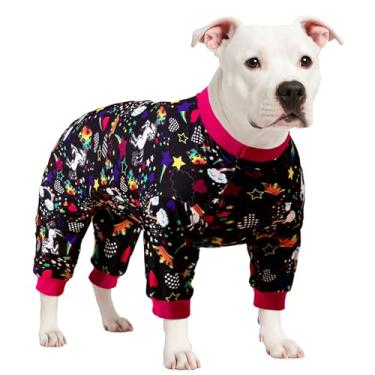 Imagem de LovinPet Pijama grande para cães Pitbull: Roupas para cães para cuidados com feridas/pós-cirurgia, macacões para cães, estampa preta de arco-íris de unicórnio, pulôver de malha elástica leve Pitbull