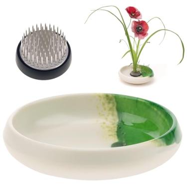 Imagem de Woration Kit de vaso japonês Ikebana e sapo de flores, vaso branco de 13,6 cm com Kenzan de 4 cm para arranjo de flores, mesa, escritório, decoração de casa