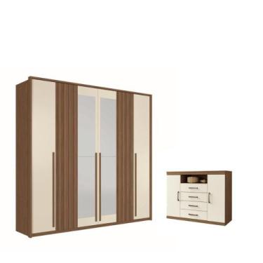 Imagem de Kit Guarda Roupa 6 Portas Espelho e Cômoda Jack Jatoba Areia - CASA H
