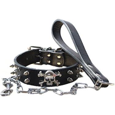 Imagem de Conjunto combo de coleira para cachorro haoyueer de couro de 3,8 cm de largura para coleira de corrente para médio grande Pitbull Husky Mastiff Terrier (preto, M)