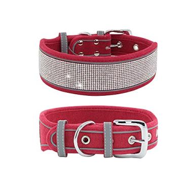 Imagem de Pimaodog Coleira para cachorro com strass, deslumbrante espumante camurça macia refletora grande coleira de cachorro cristal diamante para cães médios e grandes (P: 30-38 cm, vermelho)