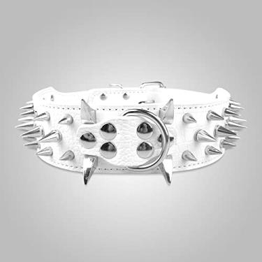 Imagem de Pimaodog Coleira para cães com cravos afiados de 5 cm de largura Coleira para cães médios e grandes Pitbull Labrador Boxer Rottweiler Pastor Alemão (P: 38-45 cm, Branco)