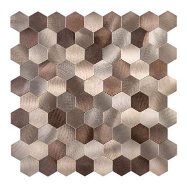 Imagem de Decopus Metal Tile Peel and Stick (1 peça/amostra hexagonal bege marrom mudo-ouro) para cozinha, banheiro, realce de parede, tops de mesa (30,48 cm x 30,48 cm x 0,41 cm de espessura) Azulejo autoadesivo de colmeia azulejo de metal Mosaico