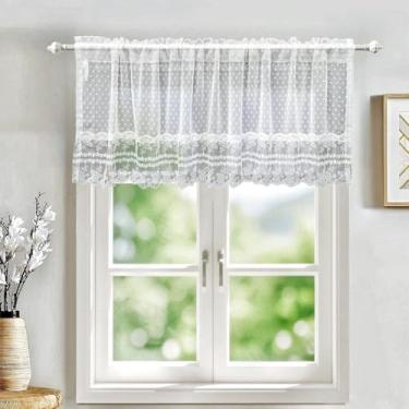 Imagem de Cortina transparente creme, 69,8 cm, comprimento para cozinha, janelas pequenas, bolinhas, renda, café, cortina curta, vintage, francesa, bordada, floral, voile, camadas de tratamento de janela, 1