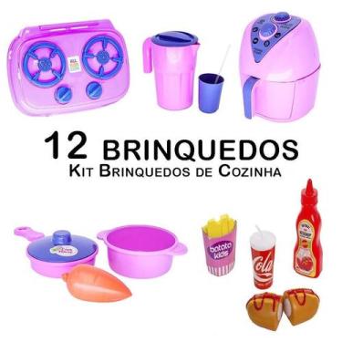 Imagem de Kit Cozinha Infantil Air Fryer Fogão Panela Comida Copo 12Pç - Altimar
