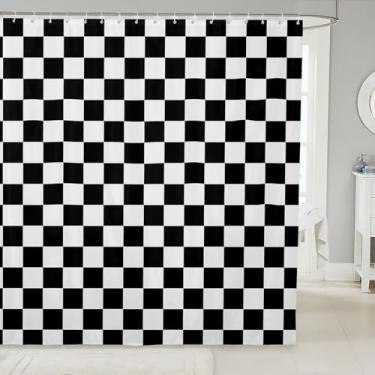 Imagem de Cortinas de chuveiro xadrez pretas e brancas reversíveis geométricas quadradas, decoração de quarto de meninos, cortinas de banho impermeáveis quadriculadas com 12 ganchos para banheira, 182 cm L x