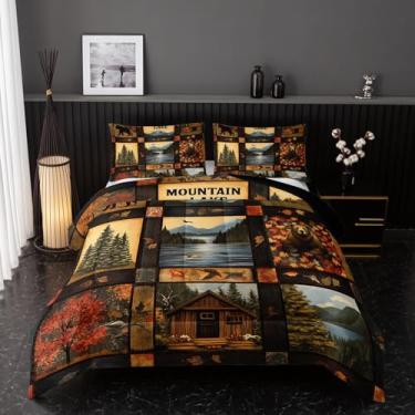 Imagem de Nttopship Conjunto de edredom queen com urso, cabana de urso, xadrez, para crianças, homens, adultos, vida selvagem, pinheiros, casa de fazenda, rústico, microfibra macia com 2 fronhas