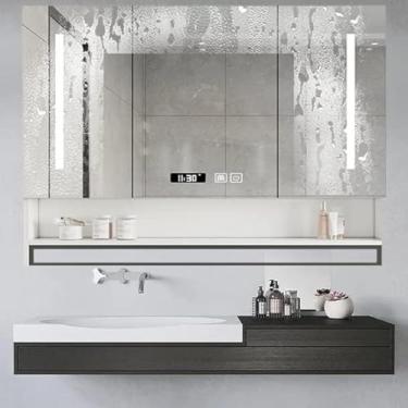 Imagem de Armário De Medicamentos Para Banheiro 36 X 28 Com Luzes, Armário De Banheiro Anti-neblina Com Barra De Toalha, Armário De Espelho Iluminado Com Armazenamento E Iluminado Por Le, Black, 36x28in/90x70cm
