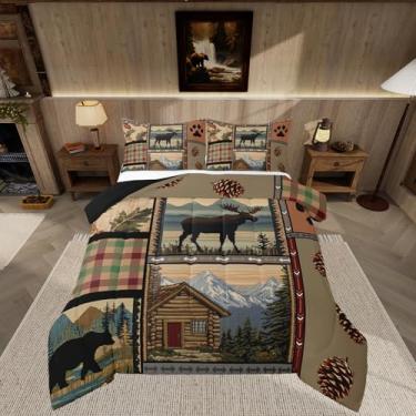 Imagem de Feelyou Conjunto de cama rústico com urso, alce, casal, retrô, marrom, casas de fazenda, animais selvagens, tema de caça, edredom com estampa de patas