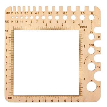Imagem de Régua de tensão e ferramenta de medição de madeira de bétula para tricô e crochê – Janela de medição de 10 x 10 cm com tamanho de agulha e gancho – Tamanhos métricos e americanos – Marcações claras e