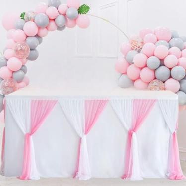 Imagem de Saia de mesa rosa e branca, tule, toalha de mesa tutu, capa para chá de bebê, festa de aniversário, sobremesas, buffet, decorações de banquete, branco e rosa, 14 pés, 427 x 78 cm