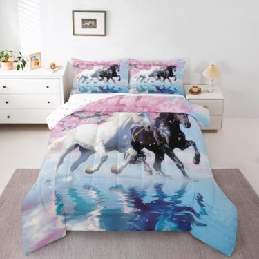 Imagem de jejeloiu Conjunto de cama solteiro com cavalo galopante preto e branco, conjunto de edredom para crianças, meninos e meninas, rosa cereja, conjunto de edredom com tema animal, 2 peças