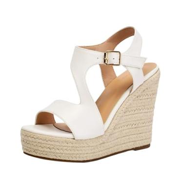 Imagem de Sopends Sandálias femininas de cunha, sandálias de verão plataforma de alpargata, sandálias de bico aberto com tira no tornozelo, Branco, 38