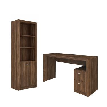 Imagem de Escritório com Mesa para Computador 2 Gavetas Com Armário Pareteleira 2 Portas Nogal - FdECOR