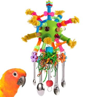 Imagem de Brinquedos de papagaio para pássaros, colheres de aço inoxidável puxáveis, brinquedos de mastigar coloridos em bastão de acrílico para amazonas, mini araras africanas, cacatuas conures, calopsitas
