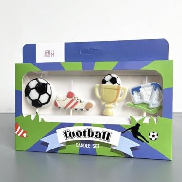 Imagem de Velas de aniversário com tema de futebol – Conjunto de 4 | Topo de bolo de futebol com bola, chuteiras e troféu para bolos, torneios e celebrações de vitória