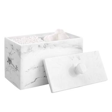 Imagem de Luxspire Suporte de cotonete de resina de algodão com tampa, Q-Tip Algodão arredondado pote de lata de algodão Bud Dispenser caixa de armazenamento cosméticos maquiagem bancada organizador recipientes com compartimentos, P6510-0847, Ink White, 2 Compartments