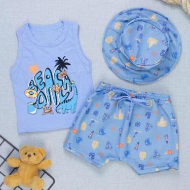 Imagem de Kit Verão Bebê Regata Estampada, Bermuda e Chapéu Bucket - Fantoni, Az