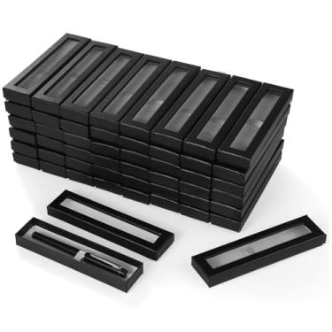 Imagem de OMISTAR 50 caixas de presente de caneta, estojo de papelão preto com janela transparente, caixa de embalagem de caneta com tampa e base forrada de veludo para formatura, férias, presente de negócios