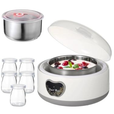 Imagem de Máquina de iogurte de 15 W, máquina automática de iogurte de aço inoxidável de 1,2 L com 5 frascos de vidro de vedação firme, temperatura constante automática, aquecimento PTC, máquina de iogurte