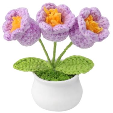 Imagem de loghohu Flores de crochê artificiais, flores tricotadas fofas feitas à mão pequena flor de crochê em vaso para presentes, painel de carro, decoração de escritório em casa (lírio roxo do vale)