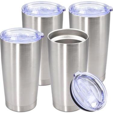Imagem de Copo de aço inoxidável de 590 ml com tampa, caneca de viagem de parede dupla isolada a vácuo, durável, revestida em pó, caneca para bebidas quentes e frias, aço inoxidável, pacote com 4