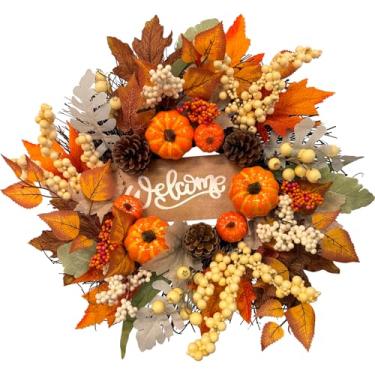 Imagem de Guirlanda de outono de 50 cm com placa de boas-vindas, decoração de outono com abóboras, pinhas, frutas vermelhas e folhas para porta da frente, parede, porta e decoração de casa de Halloween e Dia de
