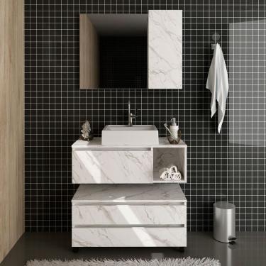 Imagem de Kit Gabinete Balcão E Espelheira De Banheiro Marina Mármore Branco