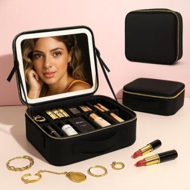 Imagem de Maleta de Maquiagem Porta Joias com Espelho LED Preto - Generico