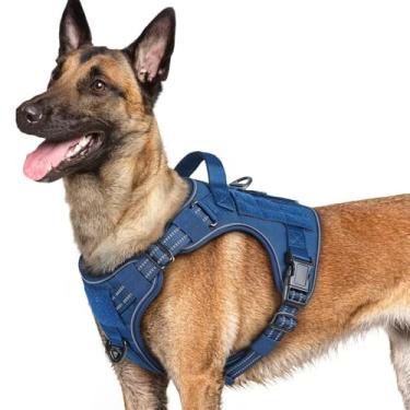 Imagem de rabbitgoo Peitoral tático para cães grandes, colete de serviço militar sem puxão, com tiras refletivas e alça de controle fácil para corrida, treinamento e caminhada - ajustável e confortável (azul G)