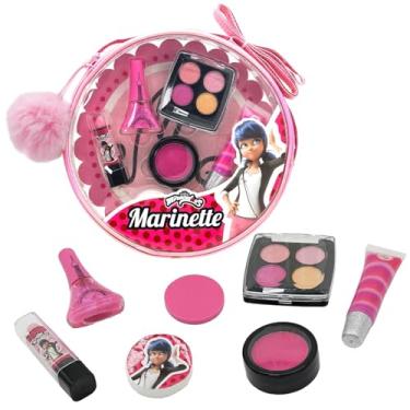 Imagem de Miraculous Conjunto de maquiagem infantil joaninha – bolsa de 10 peças com esmalte, giz de cabelo, adesivos e mais – Cosméticos seguros e não tóxicos – Kit de maquiagem com tema de marinette para