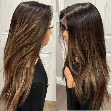 Imagem de oulaer Peruca de Cabelo Humano Brasileiro Liso Marrom Caramelo Ombre Destaca Cor Lisa Sem Cola 13x4 HD Peruca Frontal de Renda Transparente com Cabelo de Bebê Nós Branqueados Densidade 150% 40,6 cm