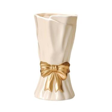 Imagem de Fenteer Vaso de cerâmica para mesa com laço e nó decorativo, vaso de plantas para prateleira, entrada de cozinha, buquê para o dia dos namorados, Bege