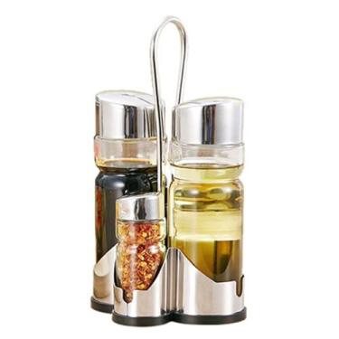 Imagem de Kit 5 Peças Galheteiro De Vidro Com Suporte Inox Para Óleo Vinagre Molhos E Temperos