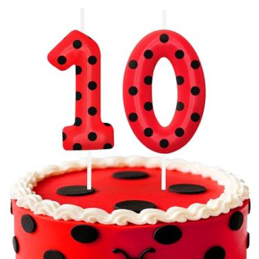 Imagem de Velas de aniversário de joaninha número 10, topo de bolo de bolinhas vermelhas e pretas para meninos e meninas, decorações de aniversário, suprimentos de festa, velas numéricas para decoração de festa