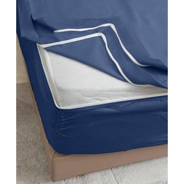 Imagem de Lençol de elástico com zíper 800TC com dois lençóis de zíper + 1 lençol de base, 100% algodão egípcio fácil de substituir e instalar, lençol com zíper Queen com bolso profundo de 40,6 cm, macio azul