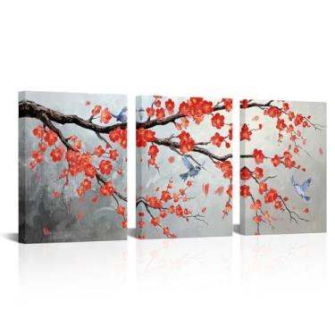 Imagem de LyerArtork 3 peças de arte de parede de flor de cerejeira impressões em tela pássaros no galho de árvore flor vermelha pintura a óleo decoração de parede cinza arte moderna para cozinha, sala de estar